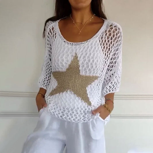 ⏰Hot Sale!!⌛Women's Fashion Round Neck Crochet Knit Fishnet Top