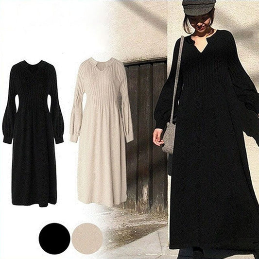 Women's Solid Color Knitted Long-sleeve Maxi Dress