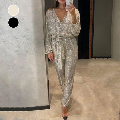 🎄Christmas promotion 50% OFF🔥Women's Sparkly V Neck Belted Jumpsuits