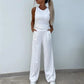 Women's Solid Color Vest & V-Neck Long Sleeve Top & Pants 3-Piece Set