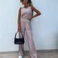 Women's Solid Color Vest & V-Neck Long Sleeve Top & Pants 3-Piece Set