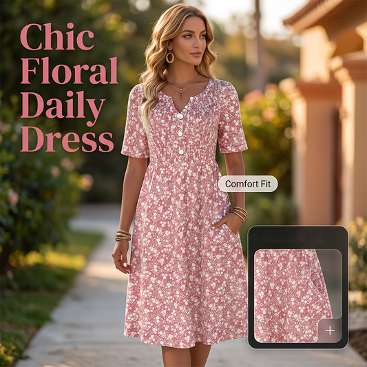 Women's Casual V-Neck Print Dress with Pockets
